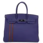 Hermès Rare Collectible Birkin 35 Blue Encre and Bordeaux Togo and Swift Officier Handbag Palladium Hardware