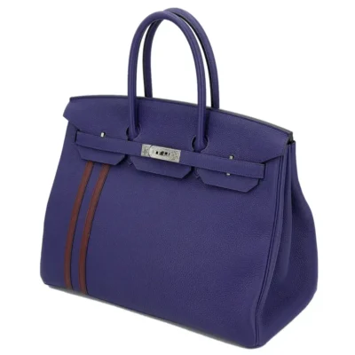 Hermès Rare Collectible Birkin 35 Blue Encre and Bordeaux Togo and Swift Officier Handbag Palladium Hardware