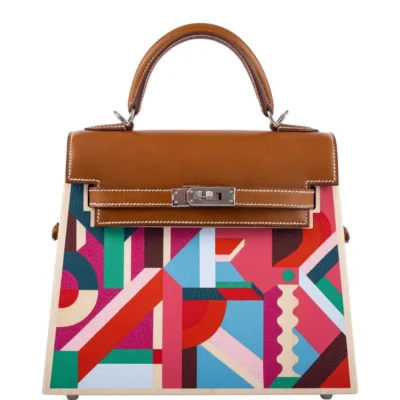 Hermès Rare Collectible Kelly 25 Multicolor Swift Kellywood Perspective Cavalière Palladium Hardware