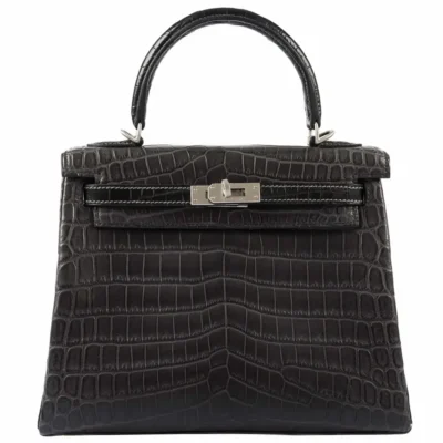 Hermès Rare Collectible Kelly 25 Retourne Graphite Matte Niloticus Crocodile Brushed Palladium Hardware