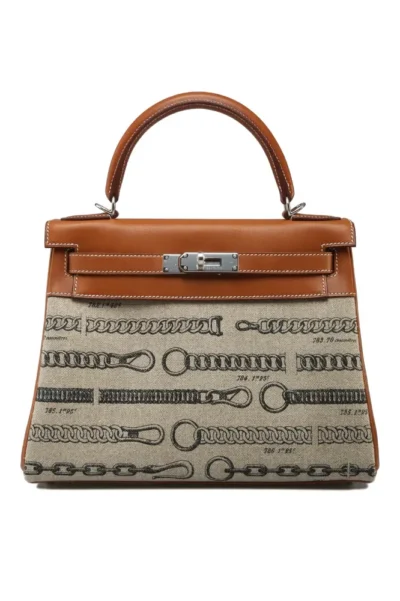 Hermès Rare Collectible Kelly 28 Fauve Barenia & Toile De Camp Dechainee Palladium Hardware