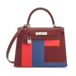 Hermès Rare Collectible Kelly 28 Sellier Rouge H Sombrero/Capucine/Bleu Brighton Clémence & Epsom Kellygraphie Lettre E Palladium Hardware handbag dupes