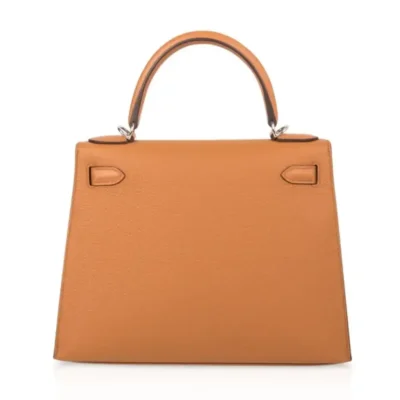 Hermès Rare Collectible Kelly 28 Sellier Toffee/Jaune Ambre/Fauve Box Calfskin Palladium Hardware Quality Rep