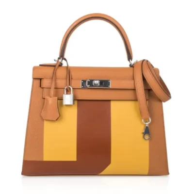 Hermès Rare Collectible Kelly 28 Sellier Toffee/Jaune Ambre/Fauve Box Calfskin Palladium Hardware