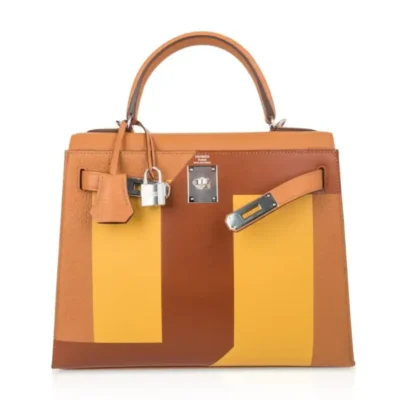 Hermès Rare Collectible Kelly 28 Sellier Toffee/Jaune Ambre/Fauve Box Calfskin Palladium Hardware Quality Rep