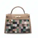 Hermès Rare Collectible Kelly 32 Sellier Multicolor Étoupe Feather Embroidery & Swift Mosaïque Palladium Hardware