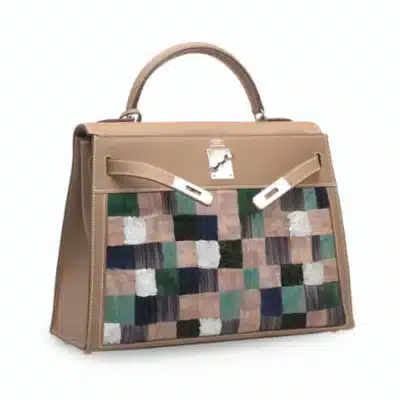 Hermès Rare Collectible Kelly 32 Sellier Multicolor Étoupe Feather Embroidery & Swift Mosaïque Palladium Hardware