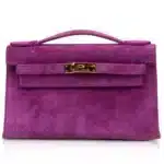 Hermès Rare Collectible Kelly Pochette Violet Purple Doblis Suede Gold Hardware