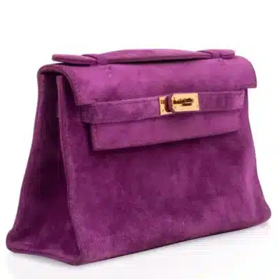 Hermès Rare Collectible Kelly Pochette Violet Purple Doblis Suede Gold Hardware