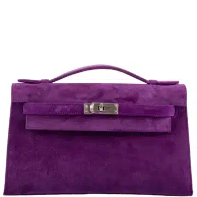 Hermès Rare Collectible Kelly Pochette Violet Veau Doblis Suede Palladium Hardware