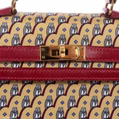 Hermès Rare Collectible Mini Kelly 20 Rouge Vif Box Calf & Owl Print Silk Gold Hardware replica handbags online