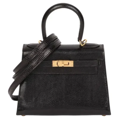 Hermès Vintage Mini Kelly 20 Sellier Black Niloticus Lizard Gold Hardware